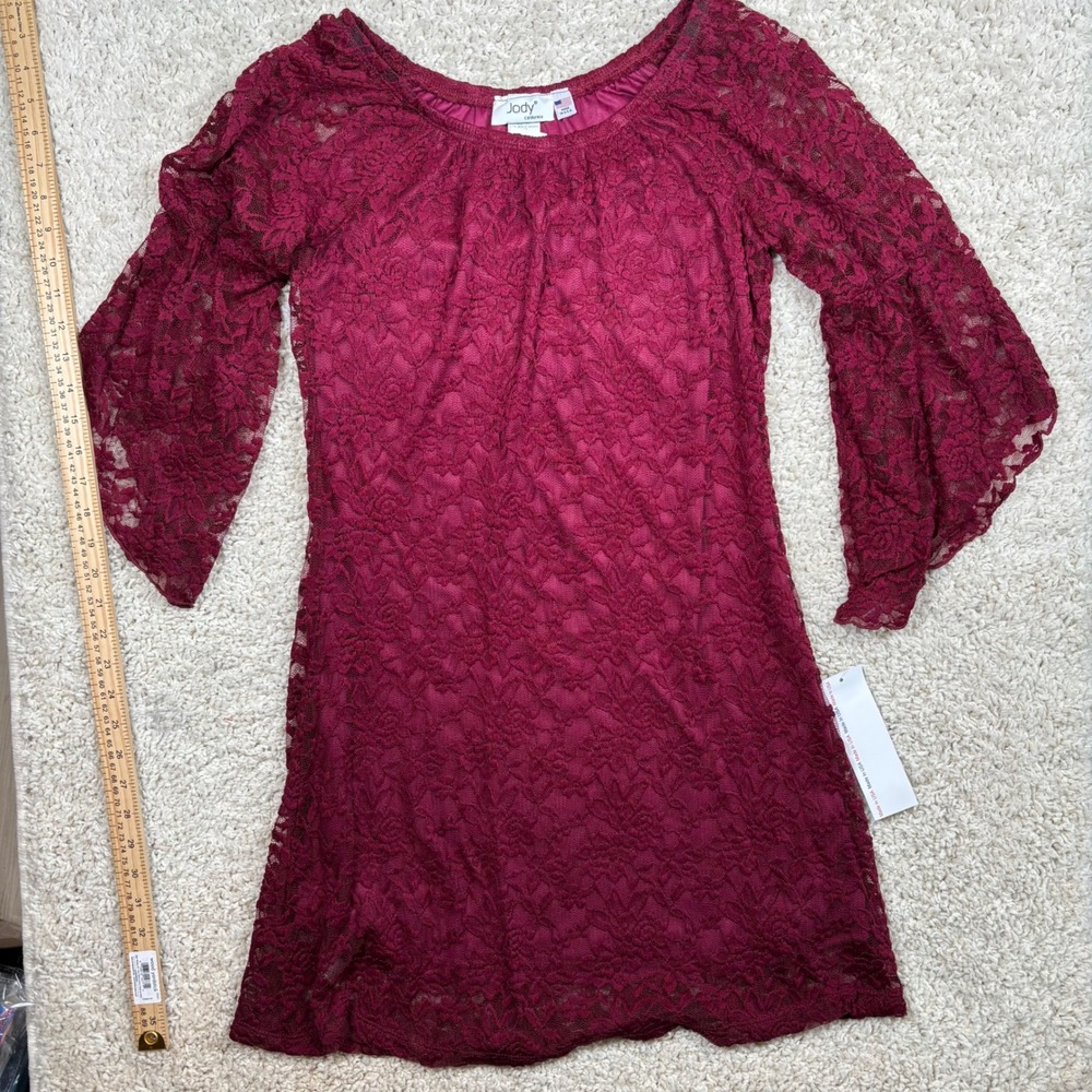 Jody‎ California Burgundy Lace Bell Sleeve Mini Dress 12088-01 Wine Red NWT